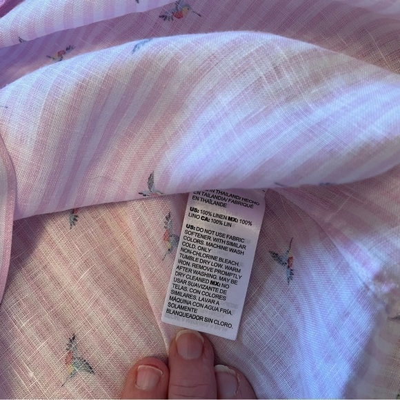 Chico's Linen Pink White Stripe Hummingbird 3/4 Sleeve Button Down Size 2/Large - Picture 13 of 13